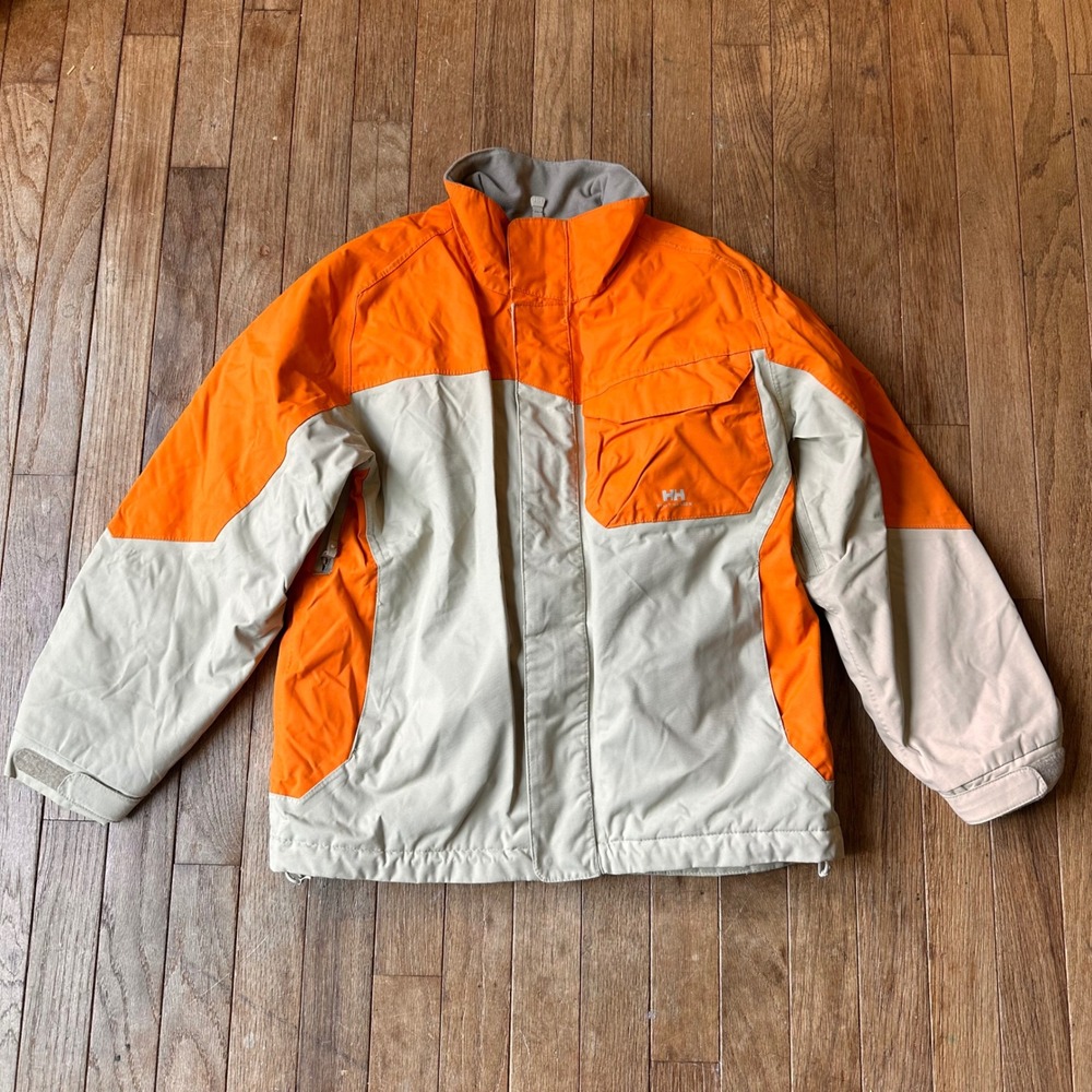 Helly Hansen Tech Y2K Ski Jacket Coat Boys 12 Colorblock Orange Tan Winter Sport